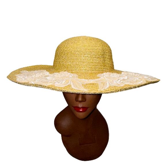 Gold Wide Brim Church Derby Easter Lace Sequin Pearl Dress Hat main image 5